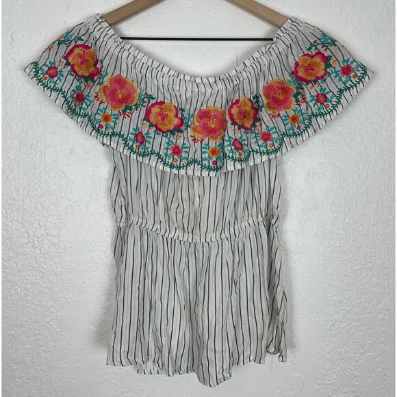Savanna Jane Floral Embroidered Stripe Off-Shoulder Blouse NWT Size Medium - Picture 2 of 3
